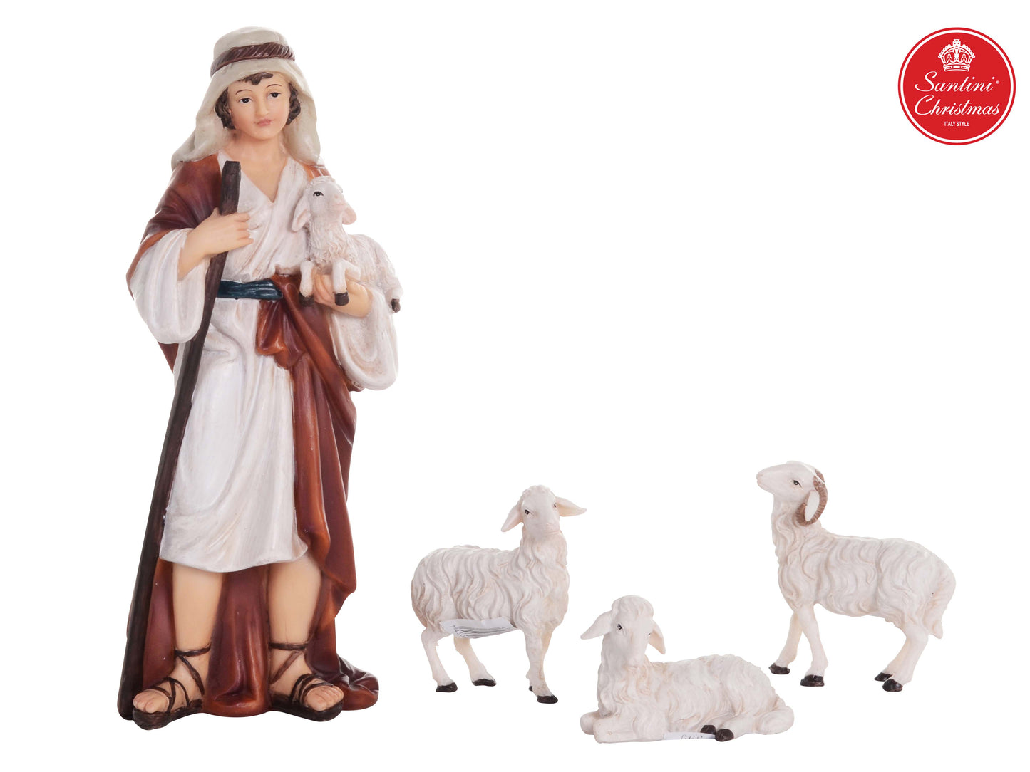 Aldeano Pastor Con Ovejas De 19.5 Cm Con 4 Piezas Para Pesebre