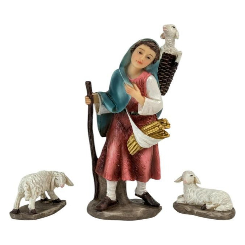 Niño Pastor y Ovejas Aldeano Para Pesebre Con 3 piezas De 15 Cm