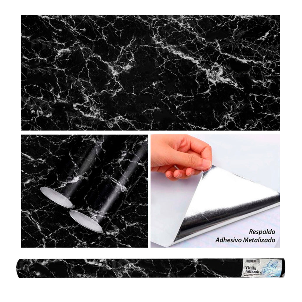 Papel Vinilo Adhesivo De 60 cm x 10 mts Marmol Brillante Negro