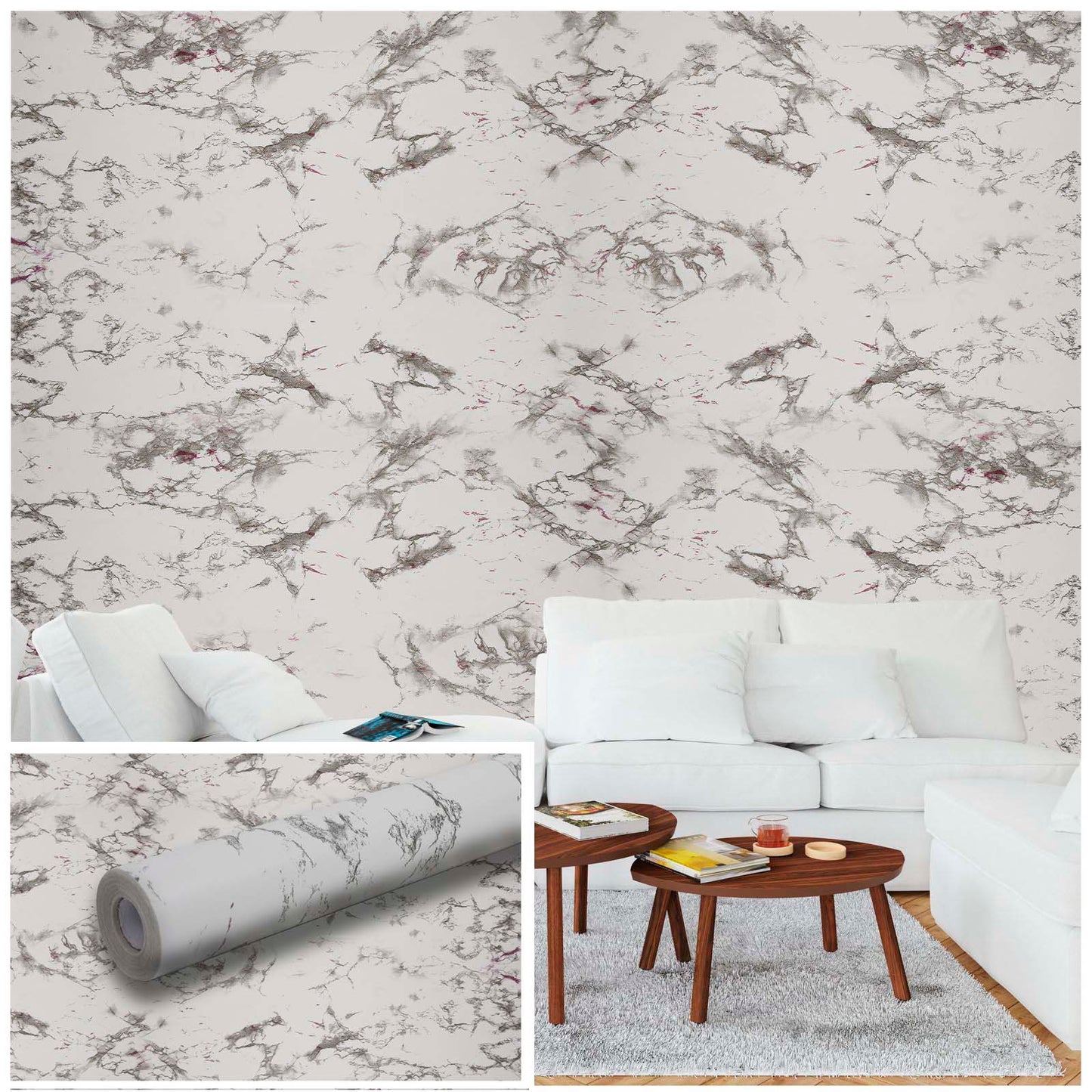 Papel Vinilo Adhesivo De 45 cm x 10 mts Mármol Blanco Mate