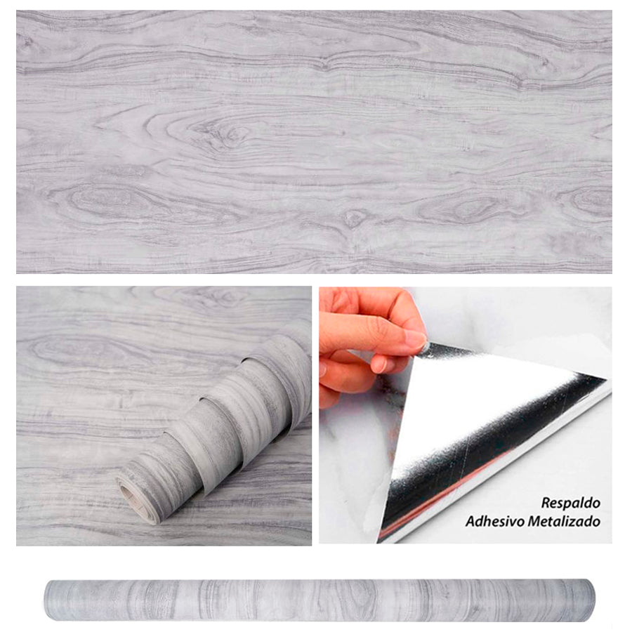 Papel Vinilo Adhesivo De 60 cm x 10 mts Madera Gris