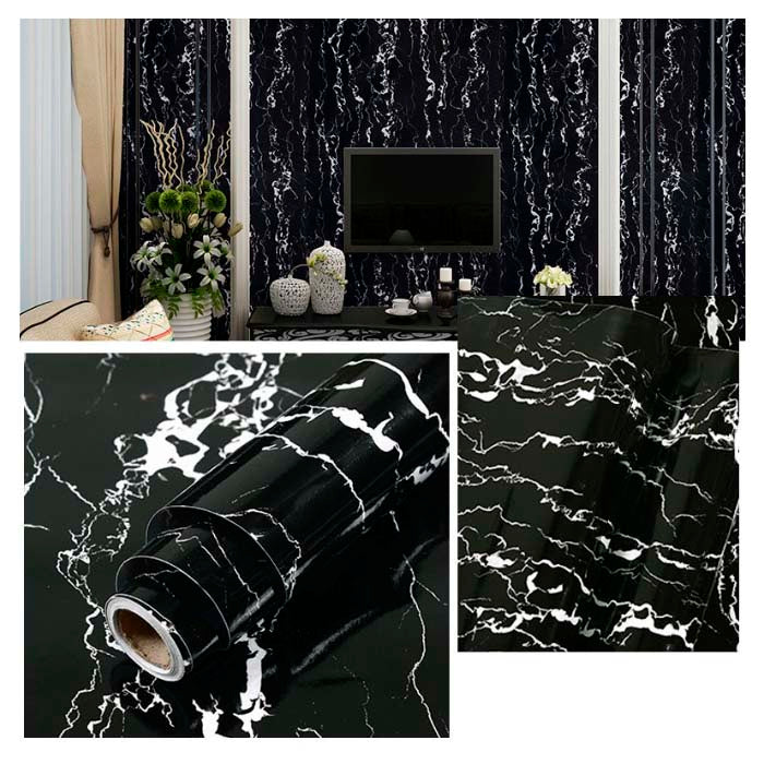Papel Vinilo Adhesivo De 45 cm x 10 mts Mármol Negro Mate