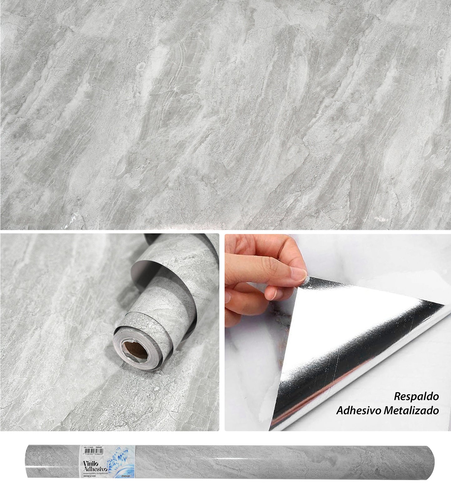 Papel Vinilo Adhesivo De 60 cm x 10 mts Efecto 3D Marmol brillante Gris