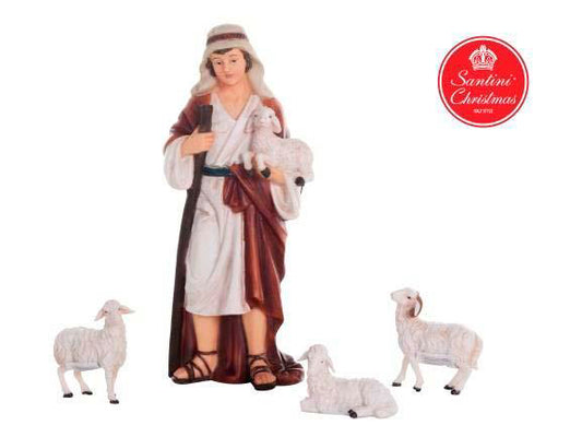Aldeano Pastor Con Ovejas De 23 Cm Con 4 Piezas Para Pesebre