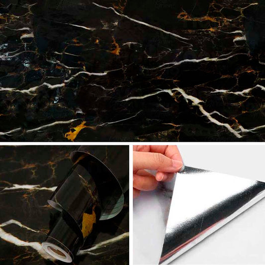 Papel Vinilo Adhesivo De 60 cm x 10 mts Marmol Brillante Negro
