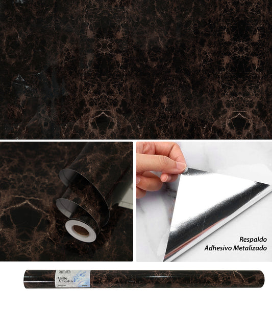 Papel Vinilo Adhesivo De 60 cm x 10 mts Marmol Brillante Negro