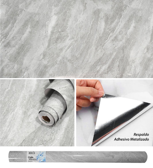 Papel Vinilo Adhesivo De 60 cm x 10 mts Efecto 3D Marmol brillante Gris