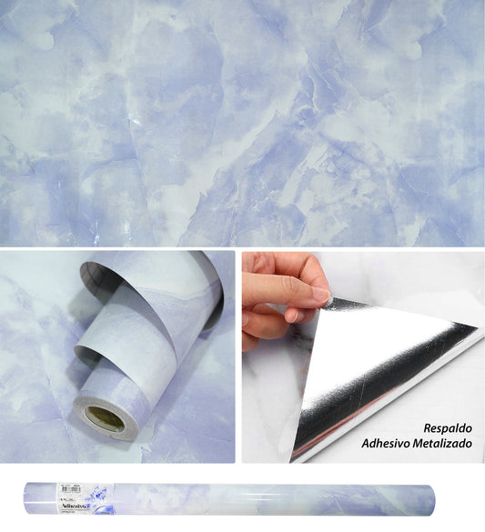 Papel Vinilo Adhesivo De 60 cm x 10 mts Marmol Brillante Azul