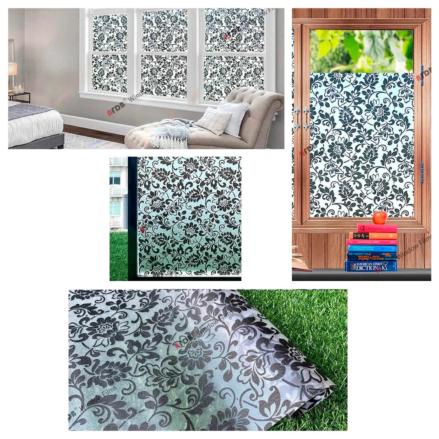 Papel Adhesivo Tipo Vitral Floral Negro De 2 mts x 90 mts