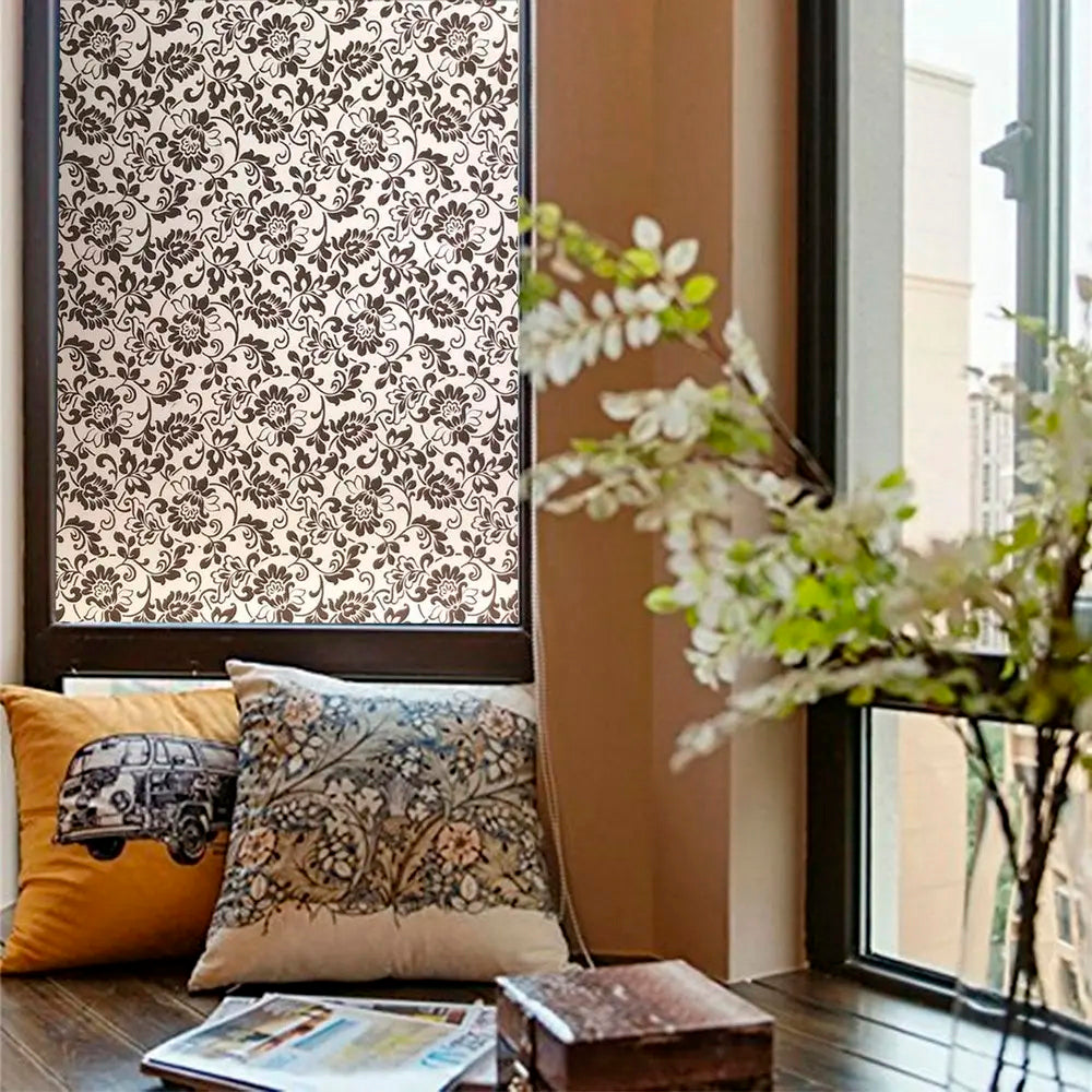 Papel Adhesivo Tipo Vitral Floral Negro De 2 mts x 90 mts